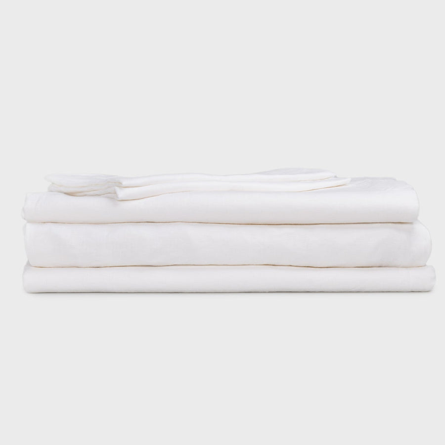 Ensemble de 4 draps en lin blanc - draps plats et draps housses, 2 taies d'oreiller