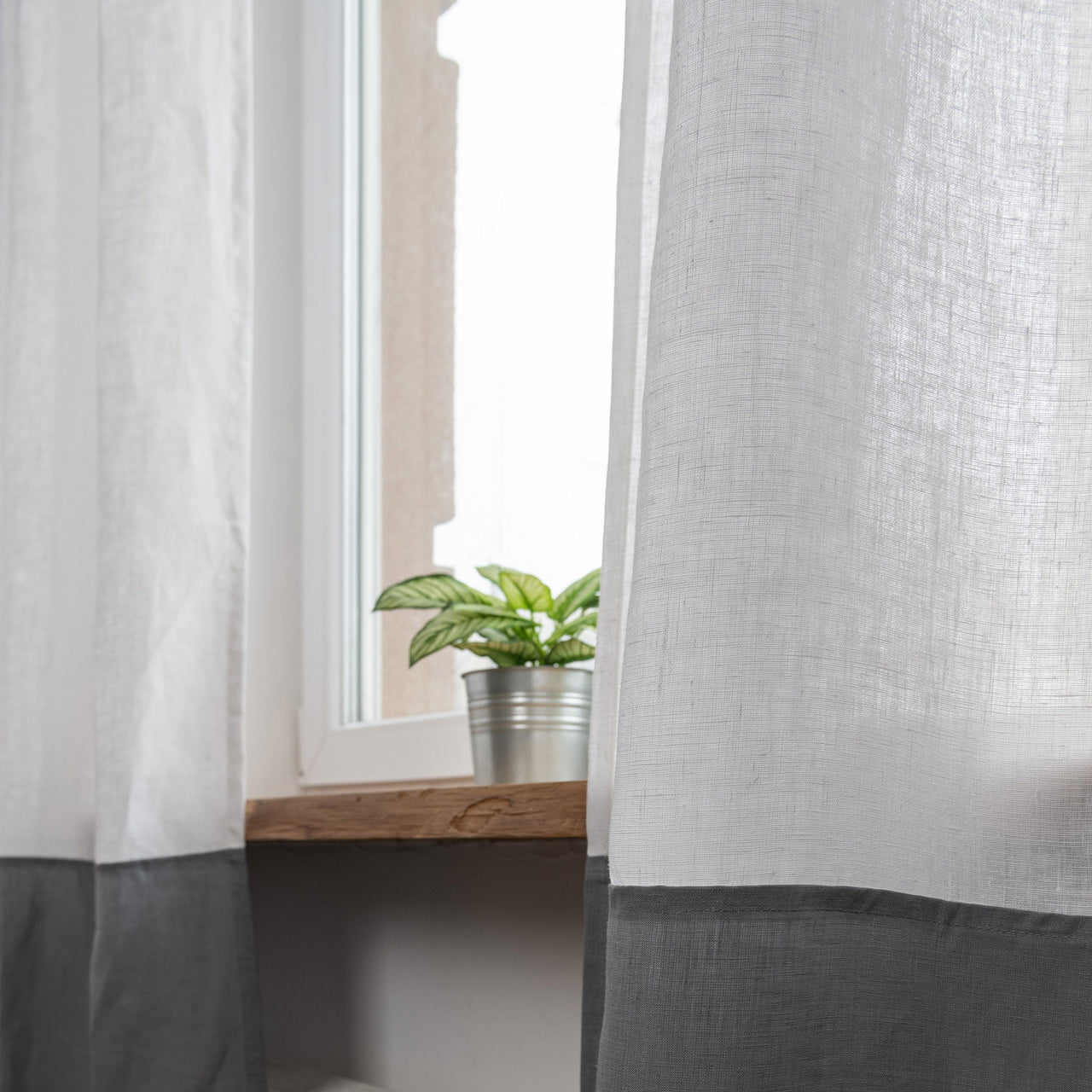 Color Block Two Tone Linen Curtain Panel