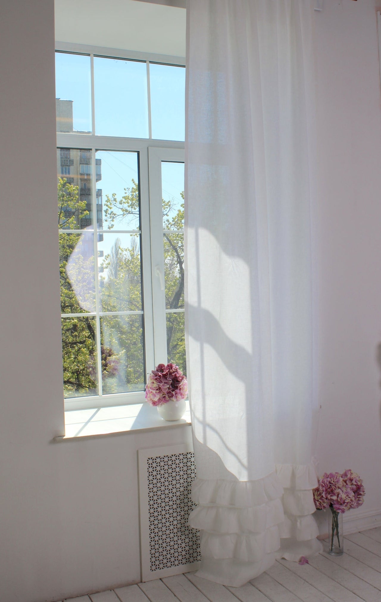 Linen Ruffled Curtain Panel with Cotton Lining and Rod Pocket